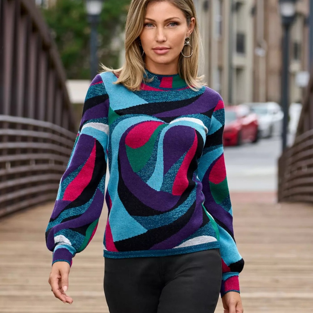 Boston Proper Vibrant Abstract Crew Neck Sweater